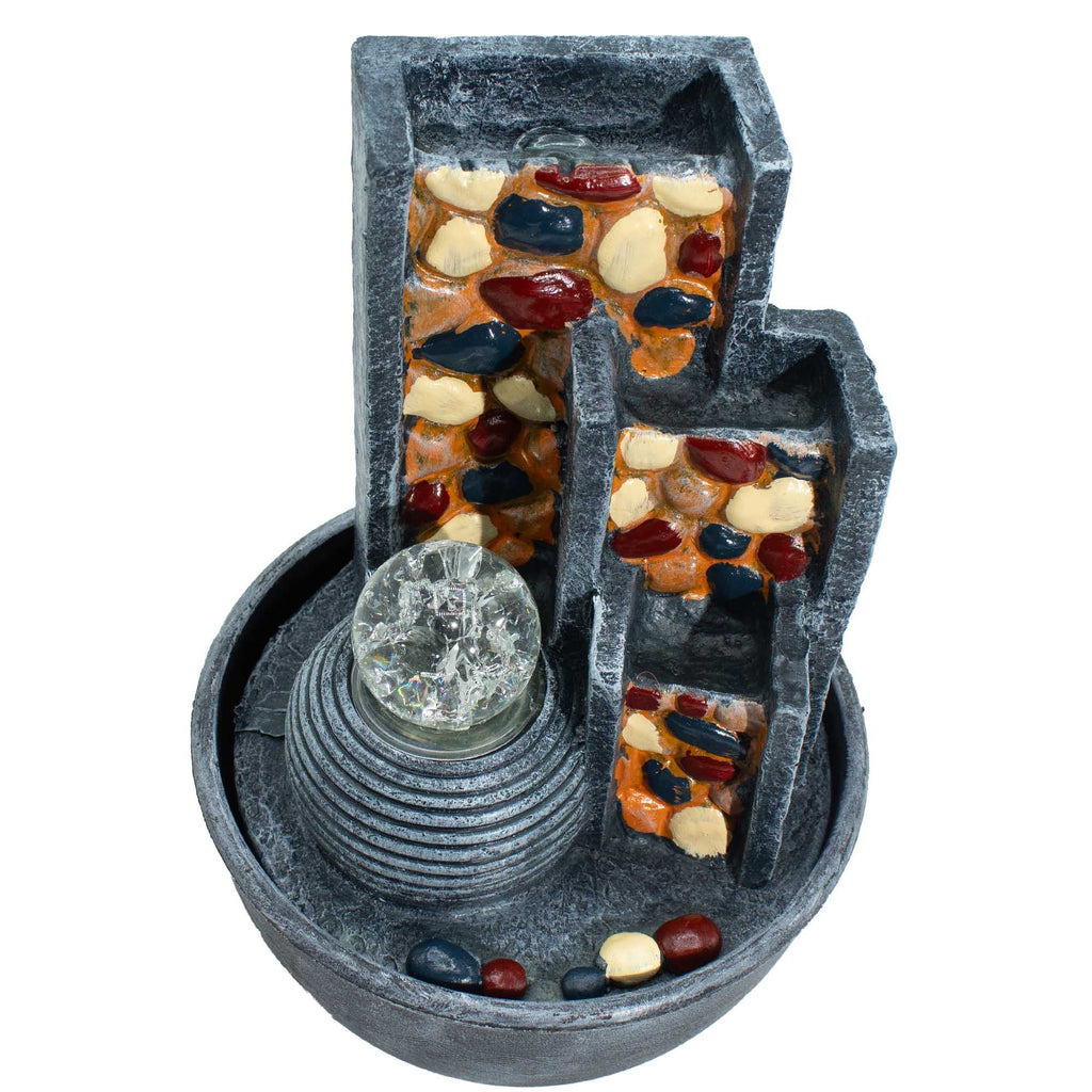 Wall-mounted pebble tabletop water fountain with illuminated crystal ball – 19 × 19 × 28 cm