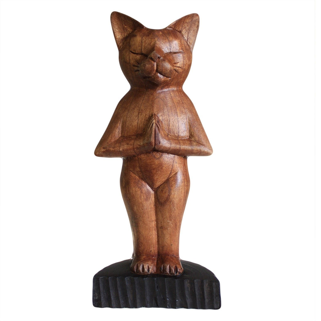 Statue Chat de Yoga Zen en Bois de Suar Sculpté Main - Décoration Artisanale d'Indonésie (31cm)