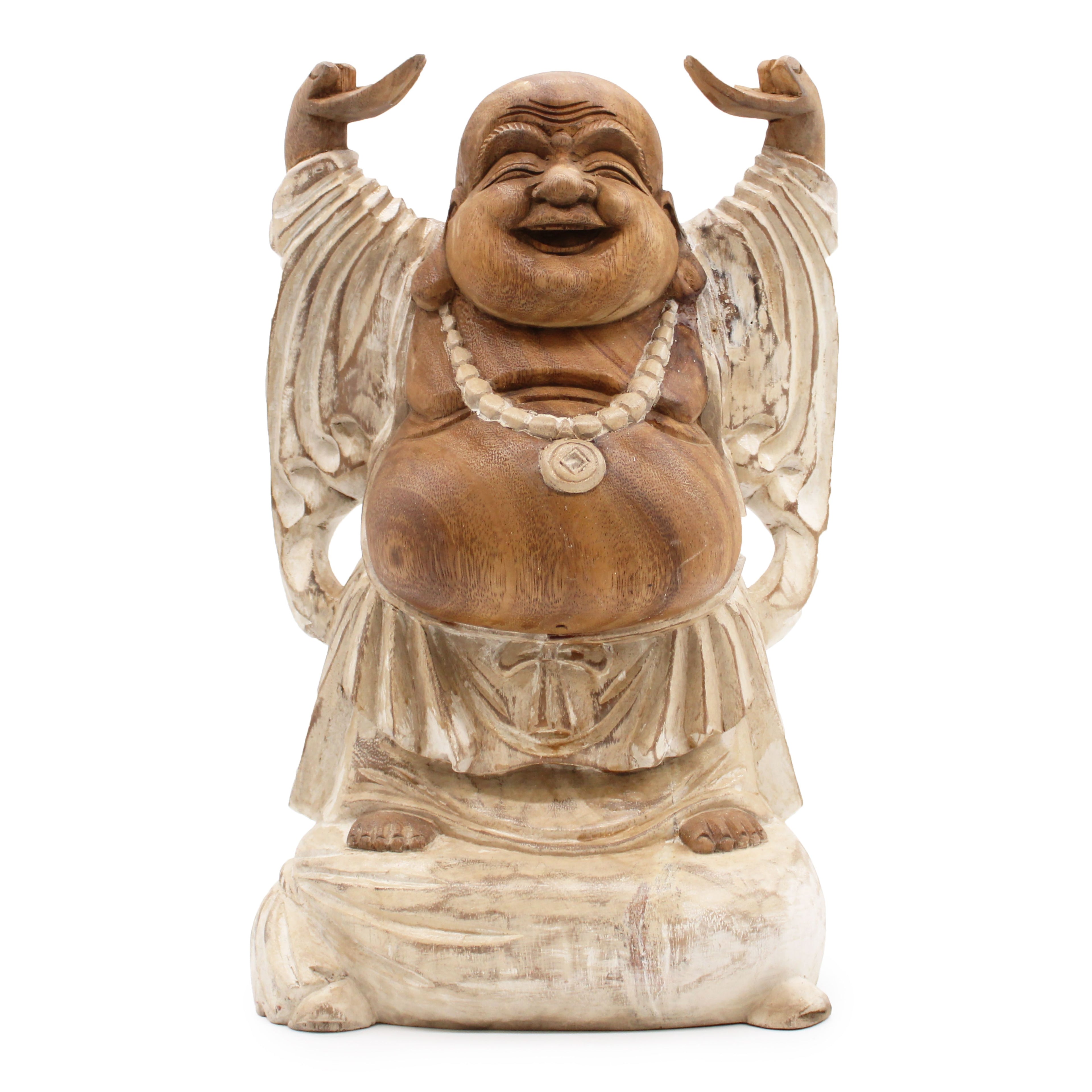 Statue de Bouddha sculptée à la main - 40 cm - Bouddha Mains Levées - Blanc vieilli