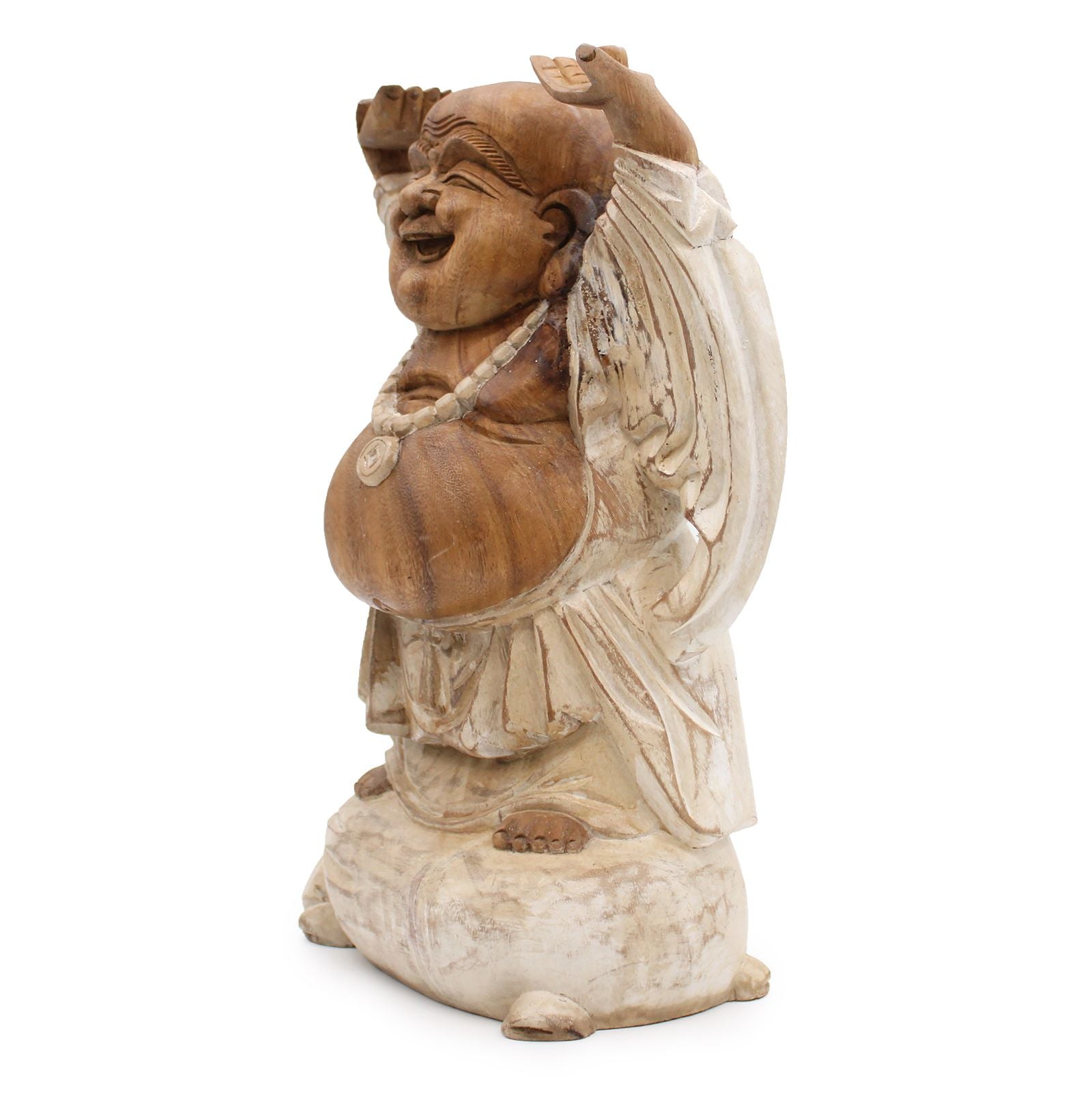 Statue de Bouddha sculptée à la main - 40 cm - Bouddha Mains Levées - Blanc vieilli