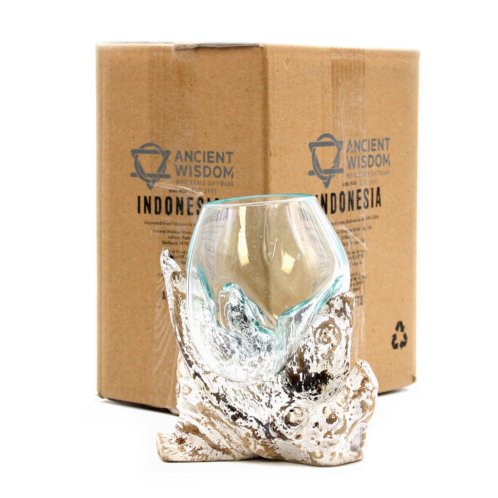 Bol en Verre Soufflé sur Bois Blanchi – Verre Recyclé et Bois de Gamal – 16 cm