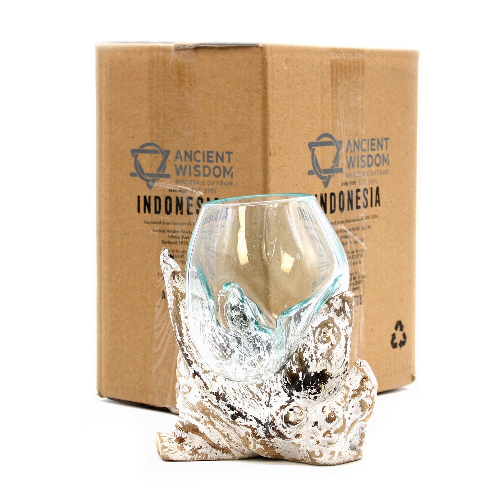Bol en Verre Soufflé sur Bois Blanchi – Verre Recyclé et Bois de Gamal – 16 cm