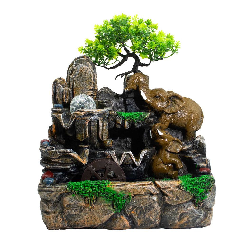 Tabletop water fountain "Loving Elephants" with illuminated crystal ball and water wheel – 30 × 20 × 35 cm