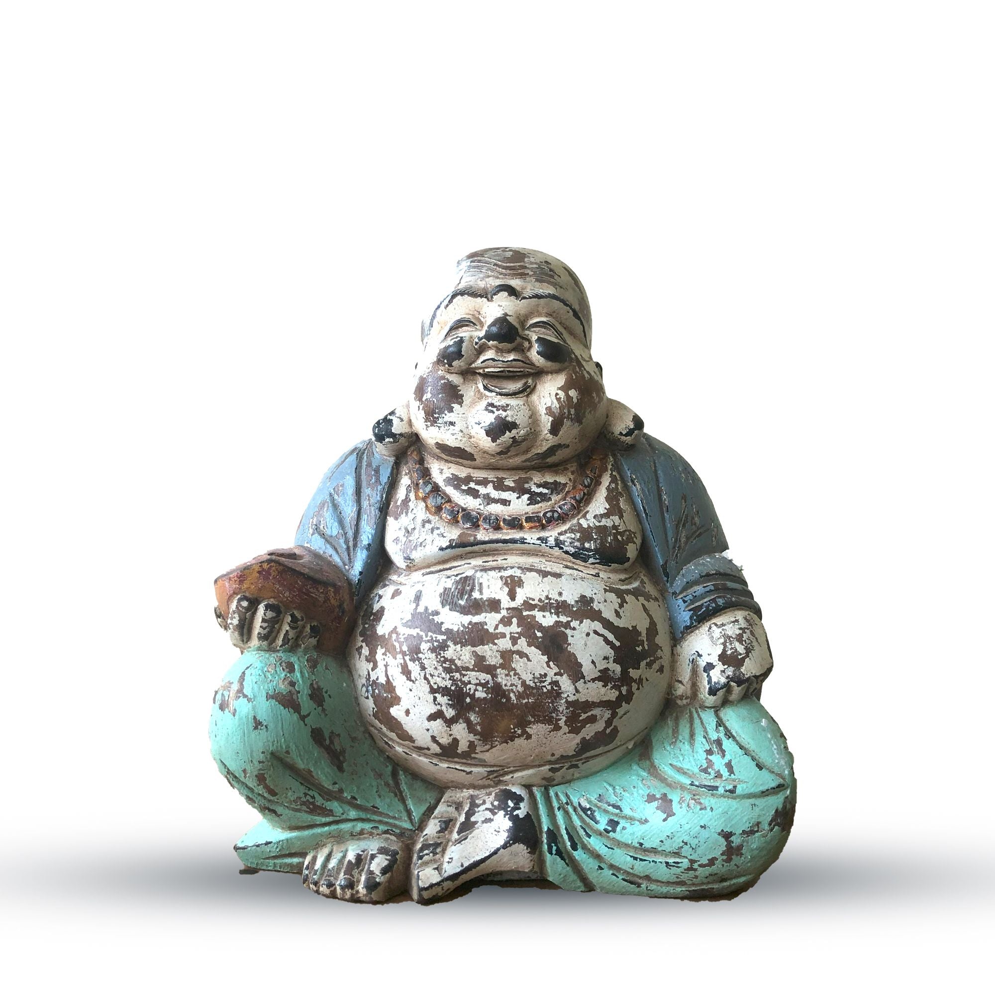 Statue de Bouddha sculptée à la main – 30 cm – “Happy Buddha” (bleu vintage menthe)