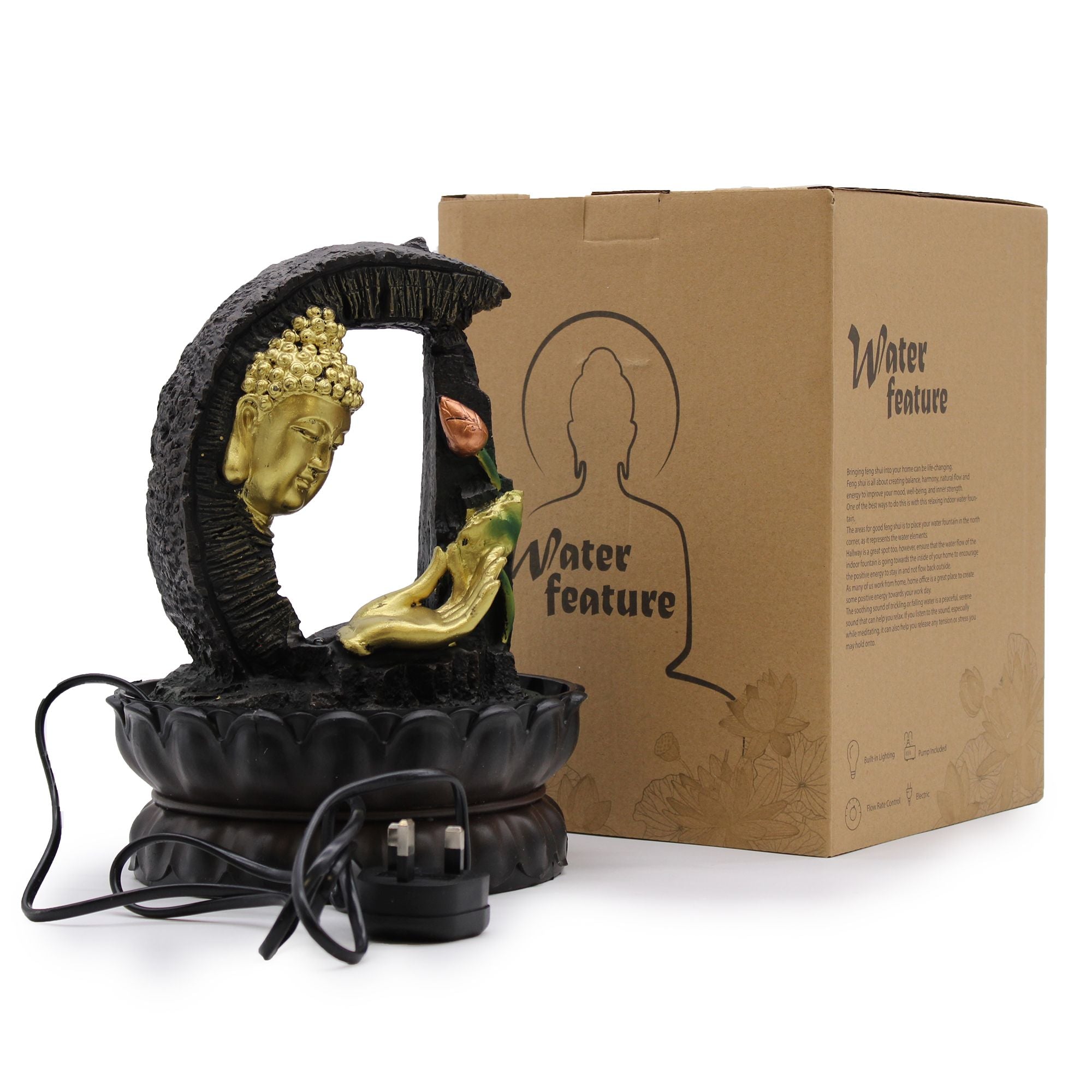 Fontaine de Table 30 cm – Bouddha Doré & lotus