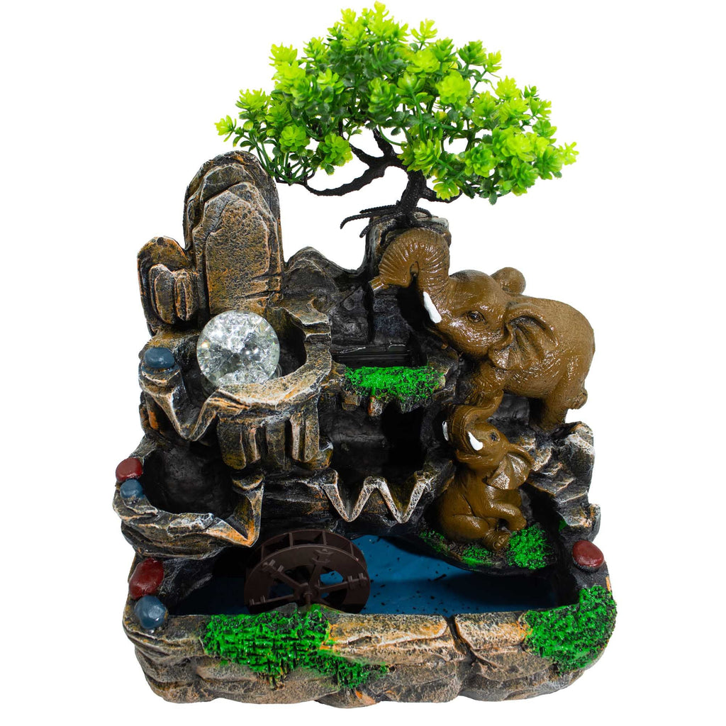 Tabletop water fountain "Loving Elephants" with illuminated crystal ball and water wheel – 30 × 20 × 35 cm