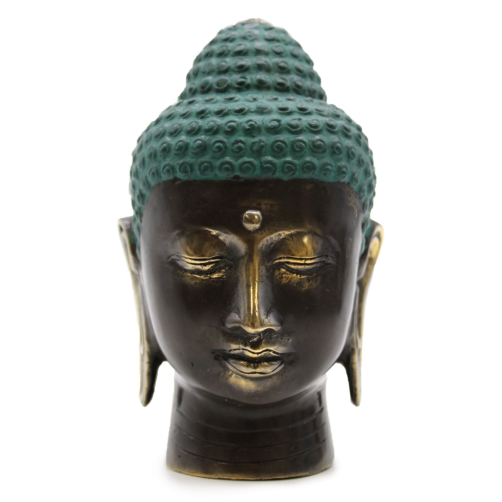 Tête de Bouddha en Laiton Antique - 14,5 cm - Artisanat d'Indonésie