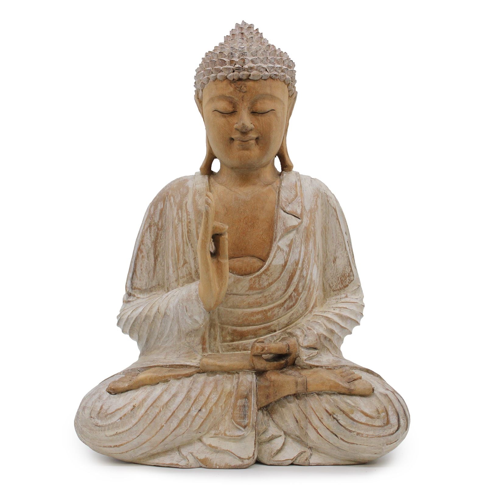 Statue de Bouddha sculptée à la main – 40 cm – Bouddha Enseignant – Blanc vieilli