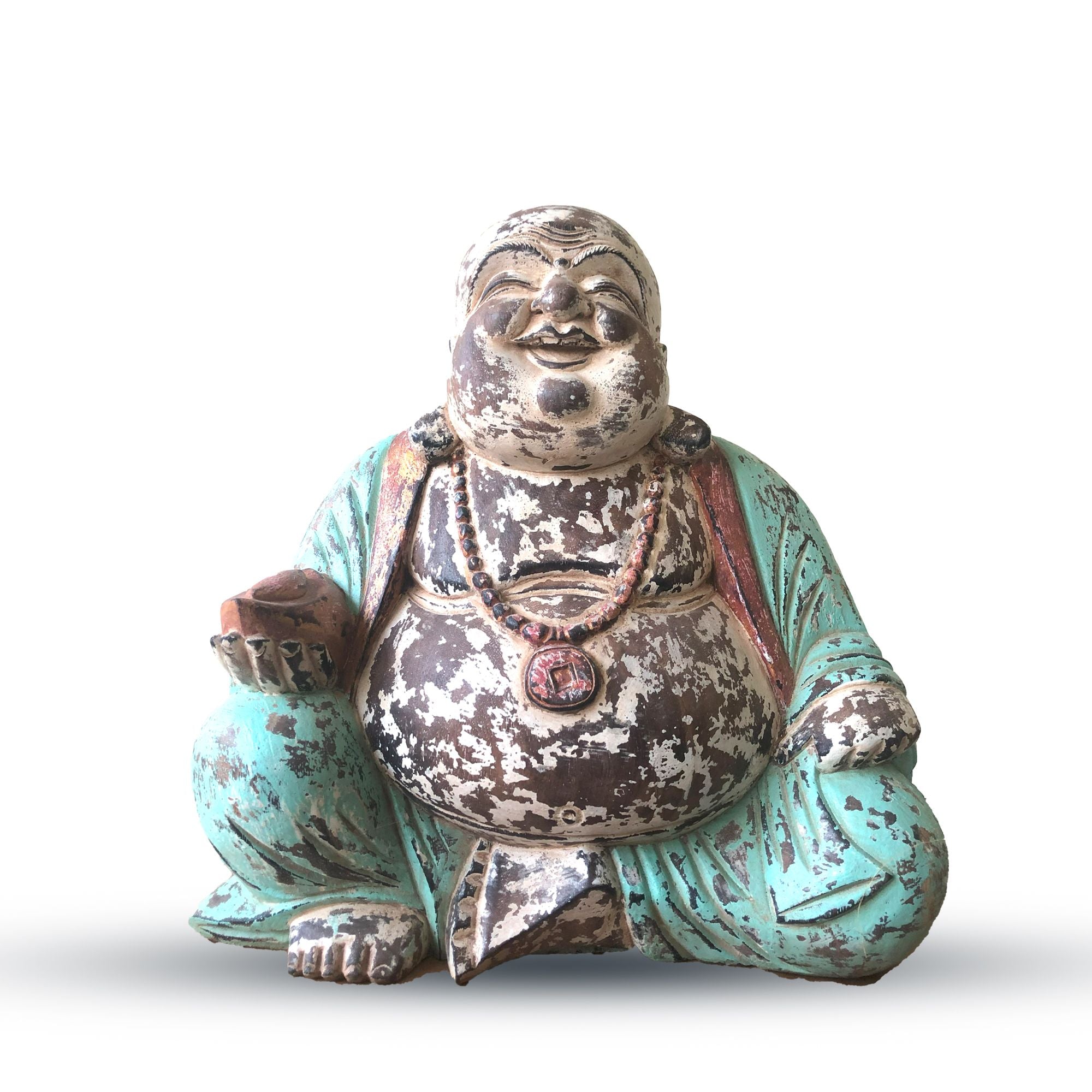 Statue de Bouddha artisanale vintage en bois de suar - 40 cm - Bouddha Rieur