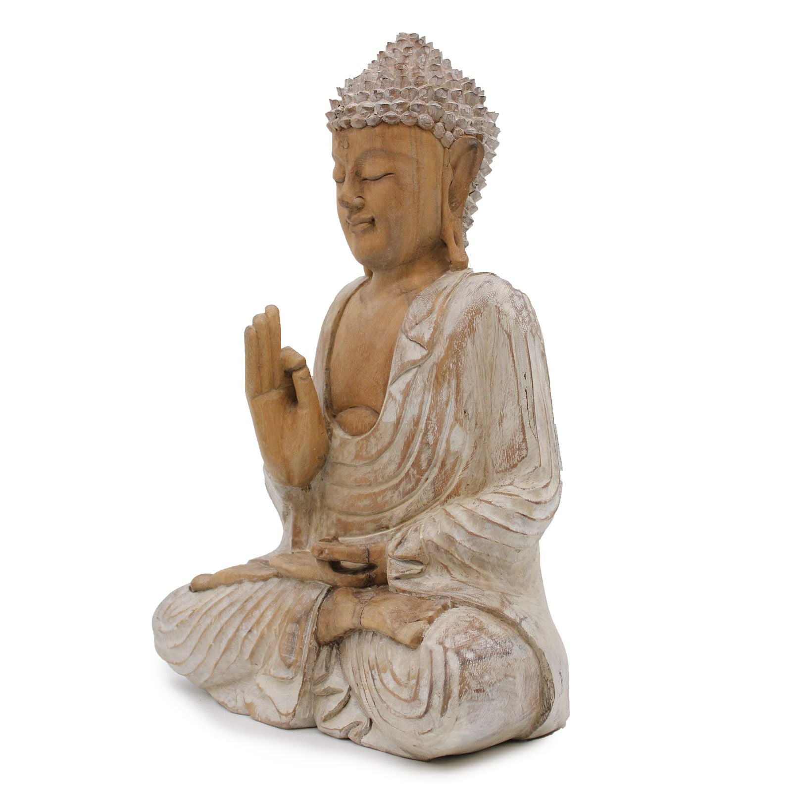 Statue de Bouddha sculptée à la main – 40 cm – Bouddha Enseignant – Blanc vieilli