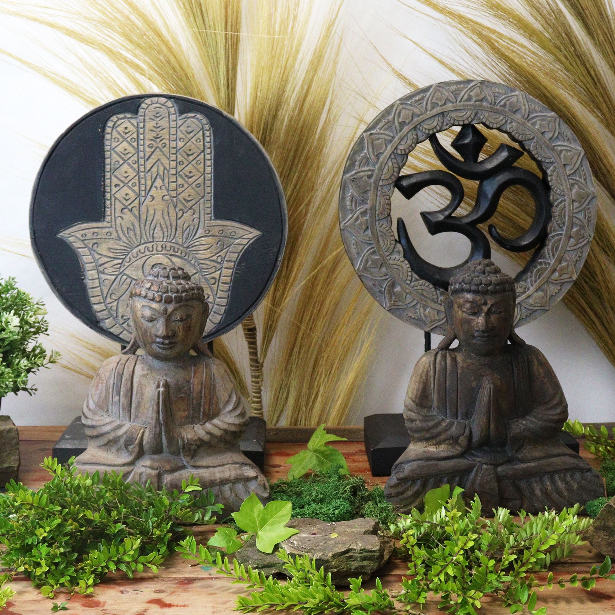 Ensemble Feng Shui Bouddha – Symbole Hamsa Gris (2 modèles)