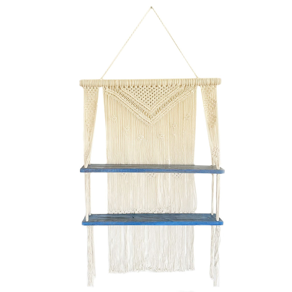 Décoration murale bohème en macramé et bois bleu