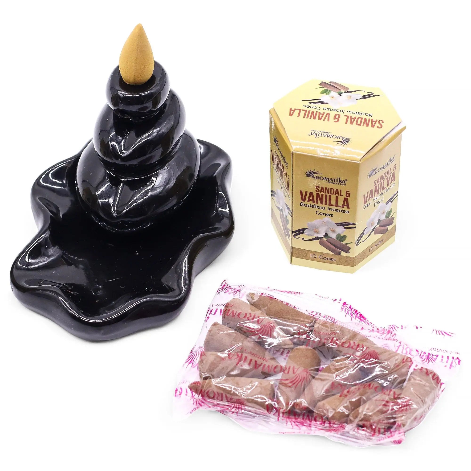 Encens à reflux Bois de santal & Vanille – Cônes backflow pour brûleur d’encens cascade (10 pièces) AWGifts Dropship