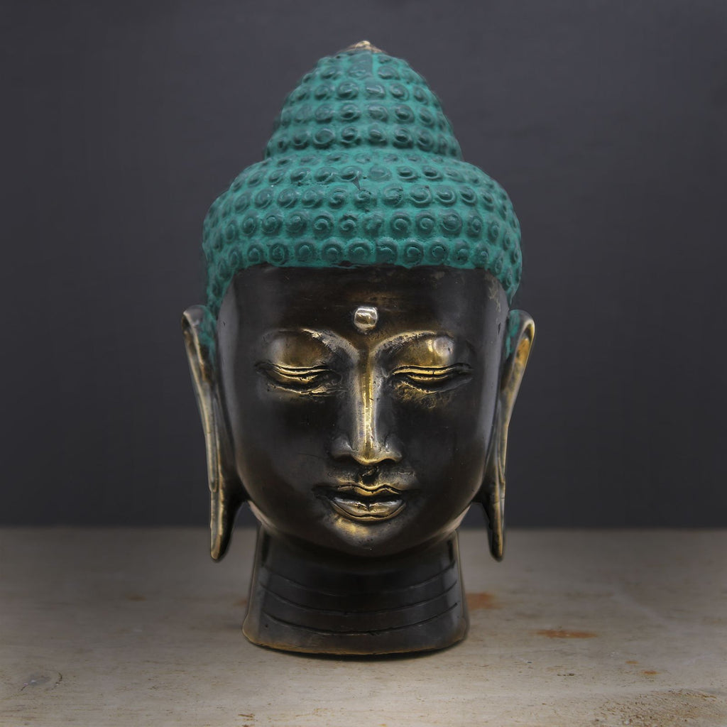 Tête de Bouddha en Laiton Antique - 14,5 cm - Artisanat d'Indonésie
