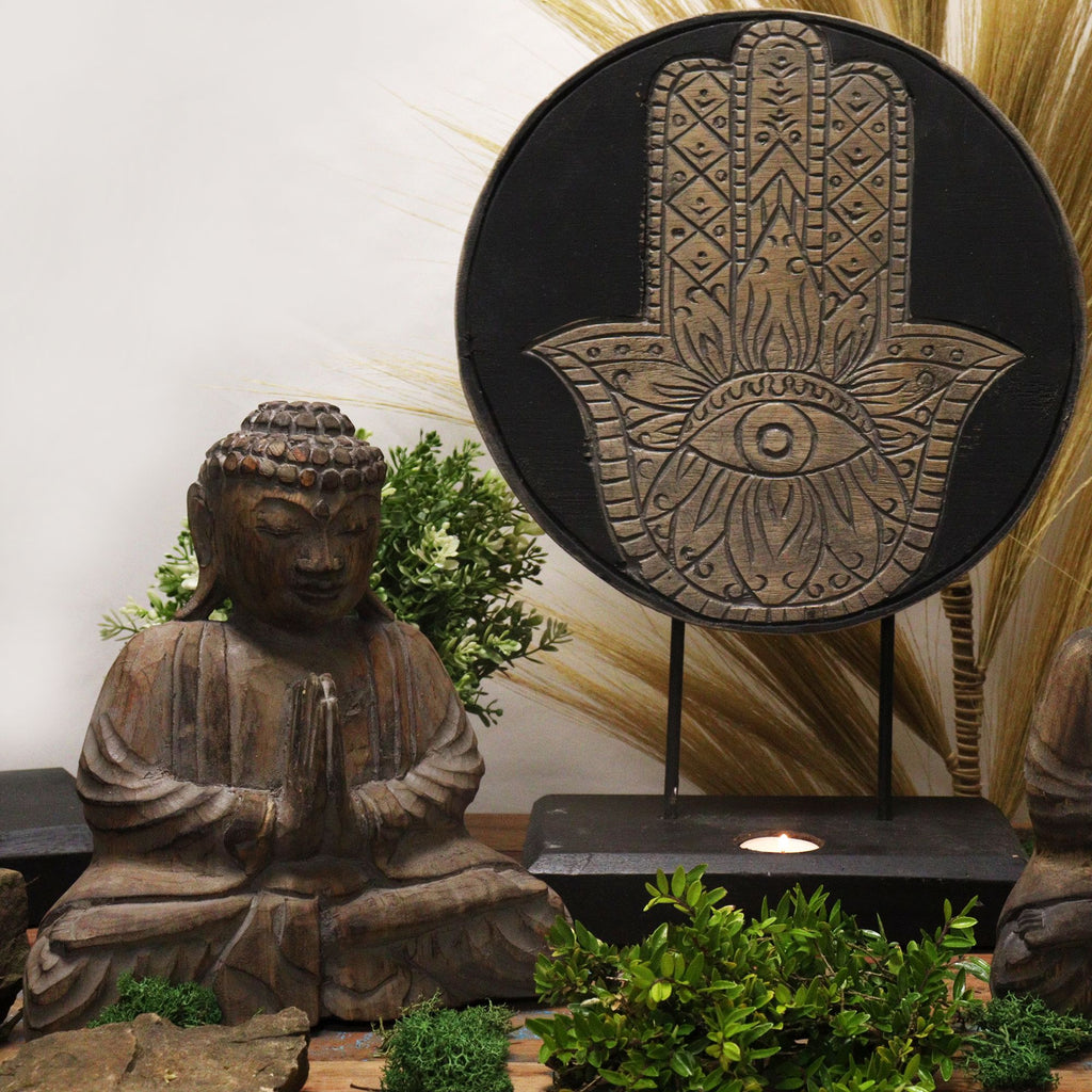 Ensemble Feng Shui Bouddha – Symbole Hamsa Gris (2 modèles)