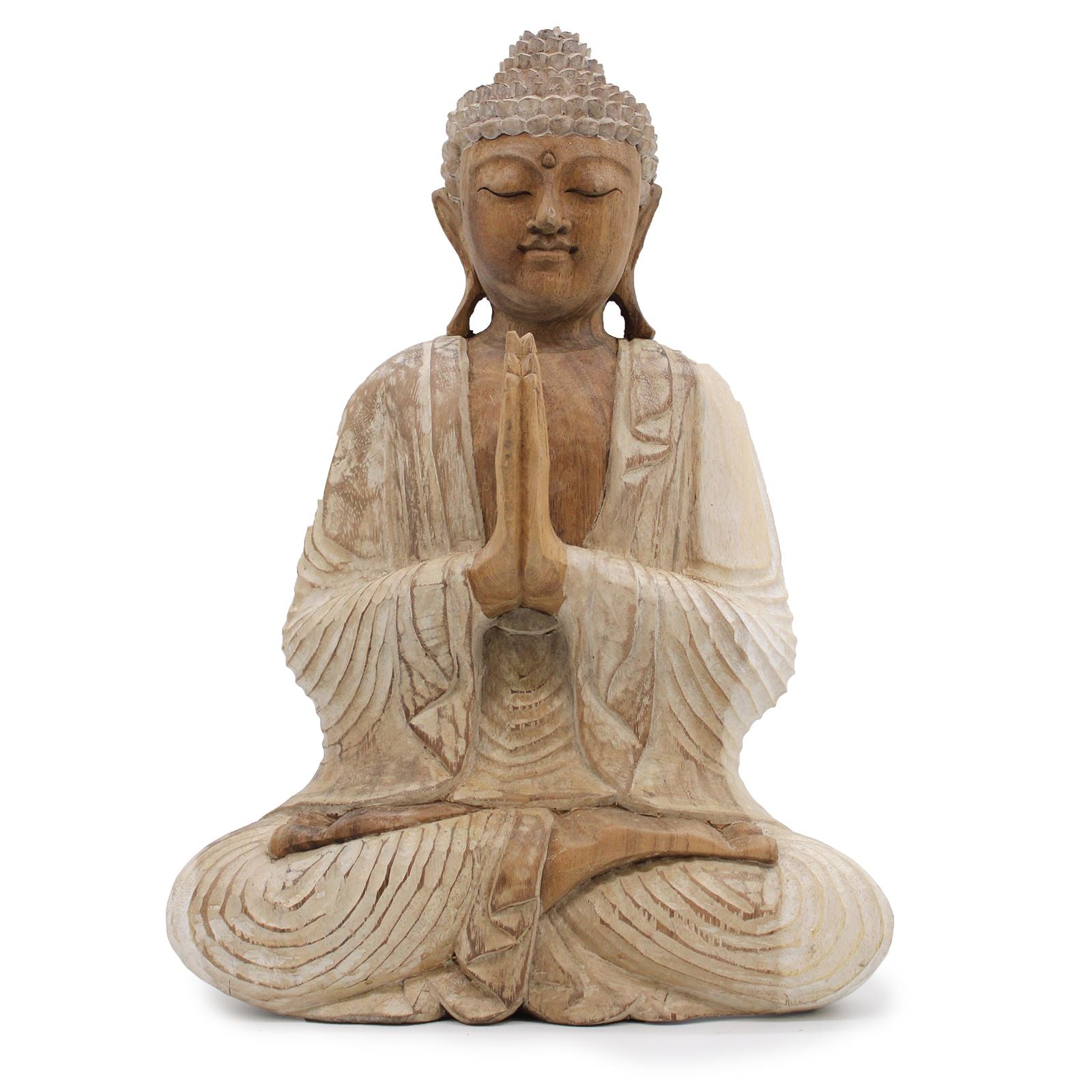 Statue de Bouddha sculptée à la main – 40 cm – Bois de Suar blanchi à la chaux