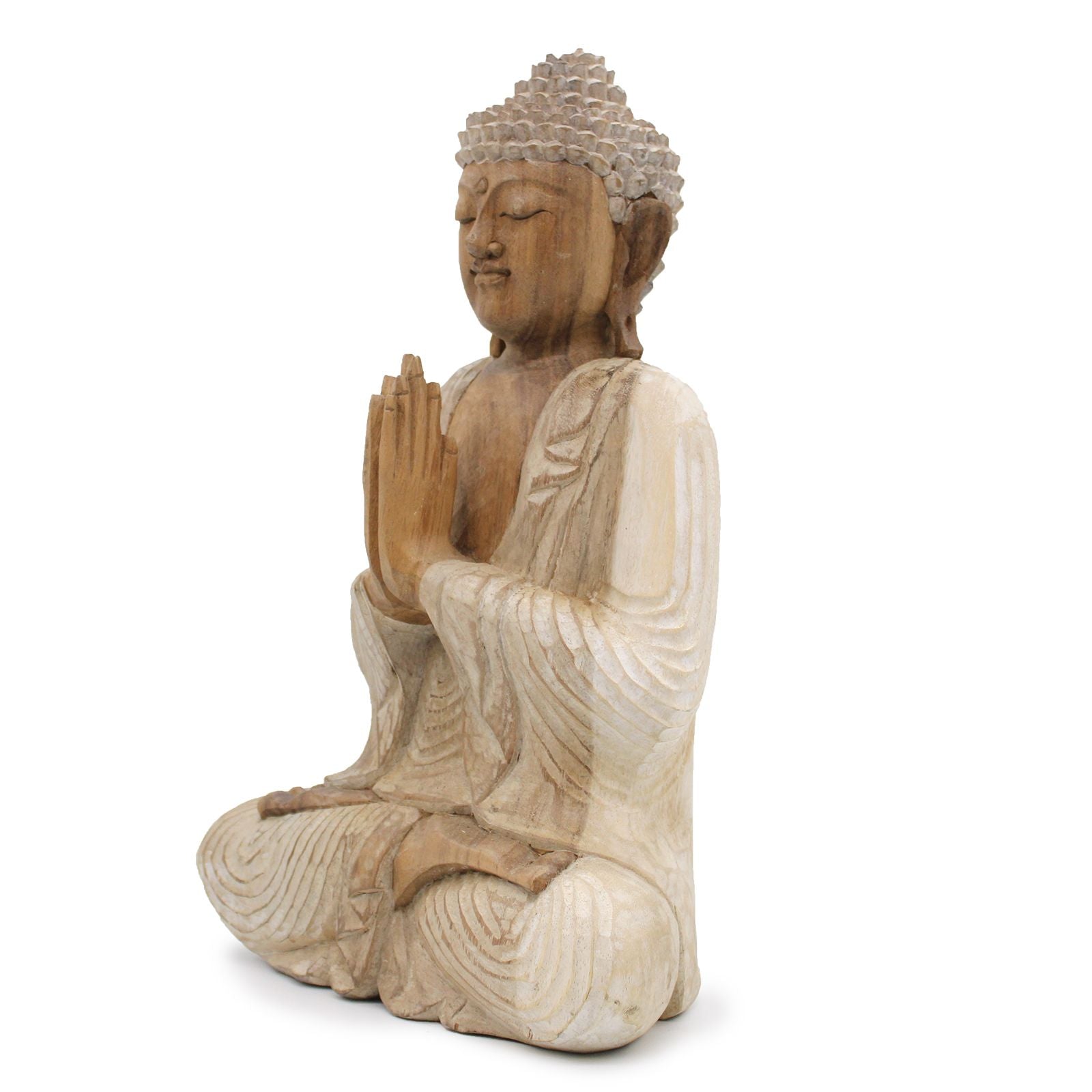 Statue de Bouddha sculptée à la main – 40 cm – Bois de Suar blanchi à la chaux