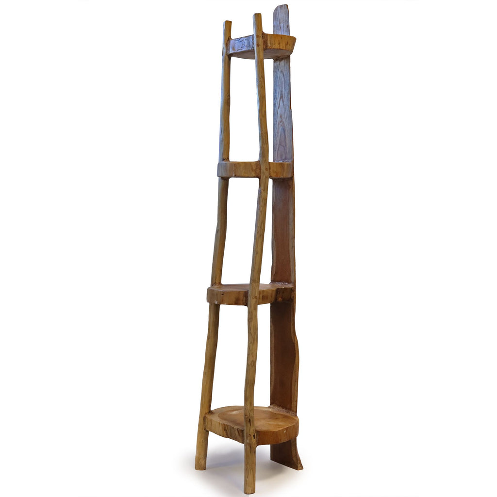 Meuble d’angle en bois de teck naturel, structure haute et étroite.