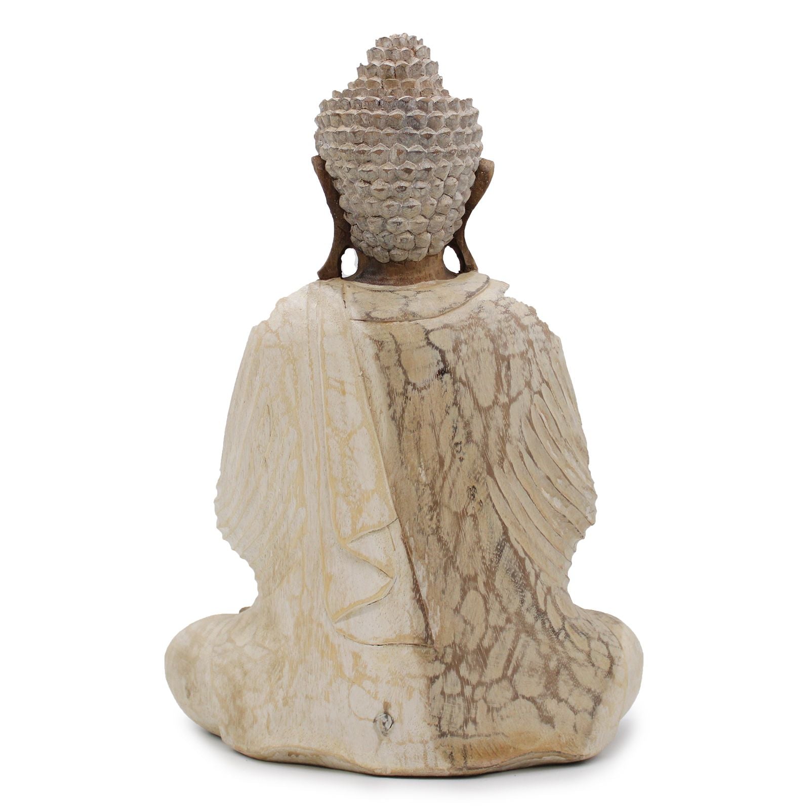 Statue de Bouddha sculptée à la main – 40 cm – Bois de Suar blanchi à la chaux