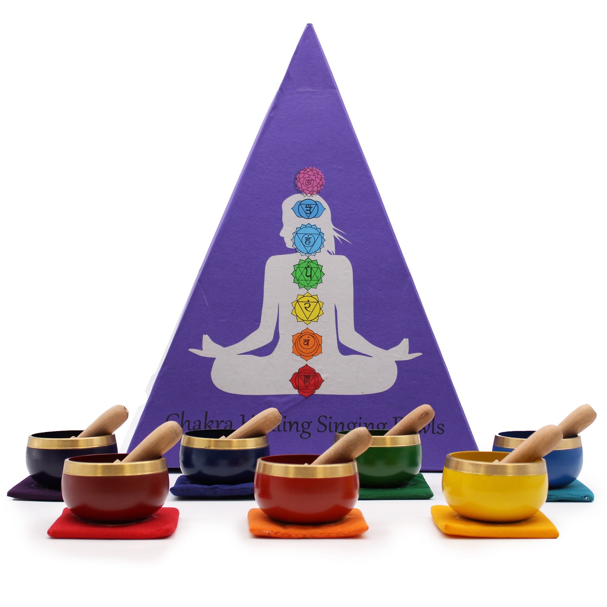 Coffret de bols chantants en laiton – Pyramide des chakras – Ensemble de 7 bols