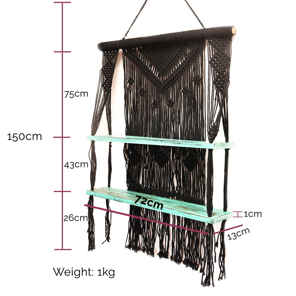 Étagères suspendues en macramé noir et turquoise - Décoration Murale Bohème