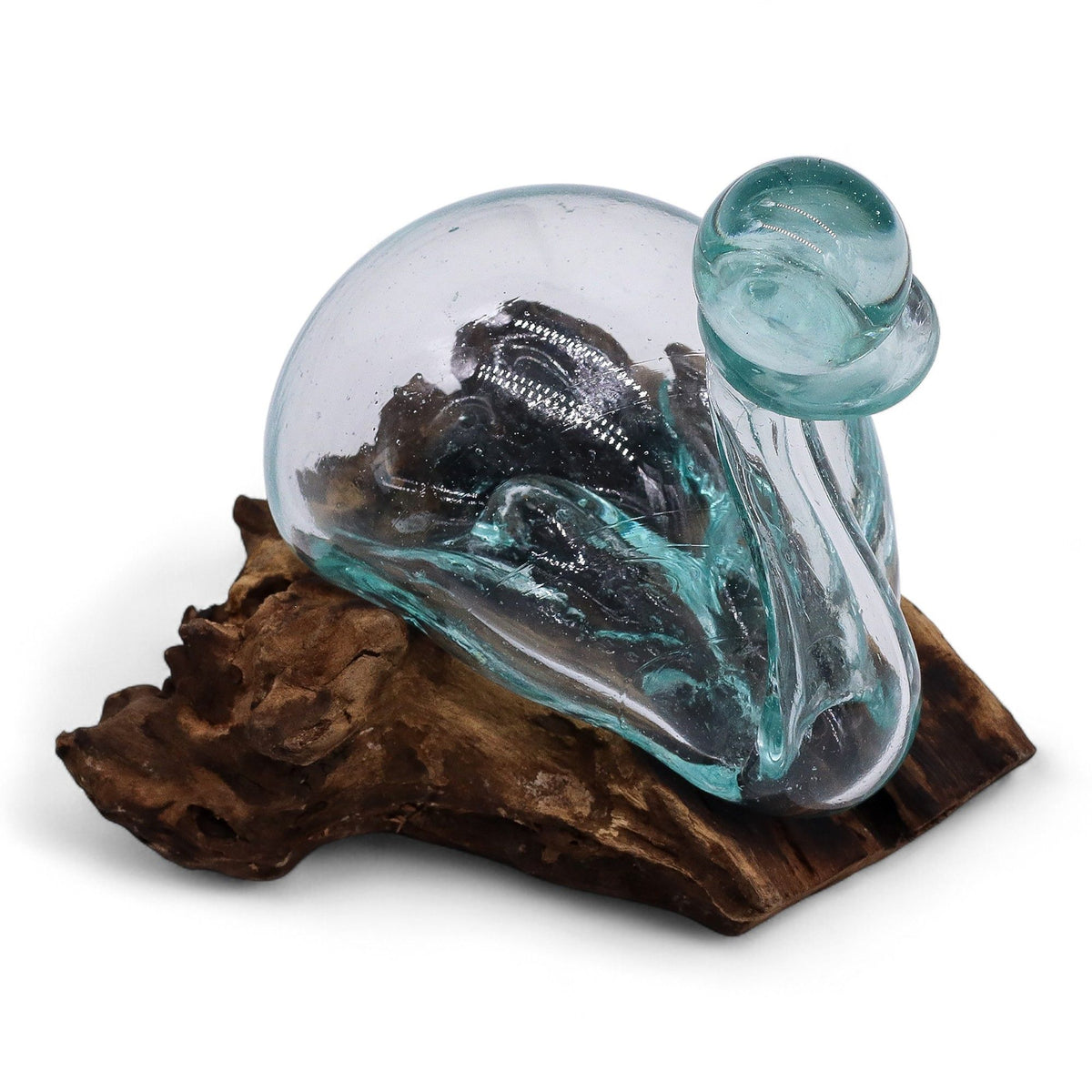Carafe canard décorative en verre soufflé sur bois naturel