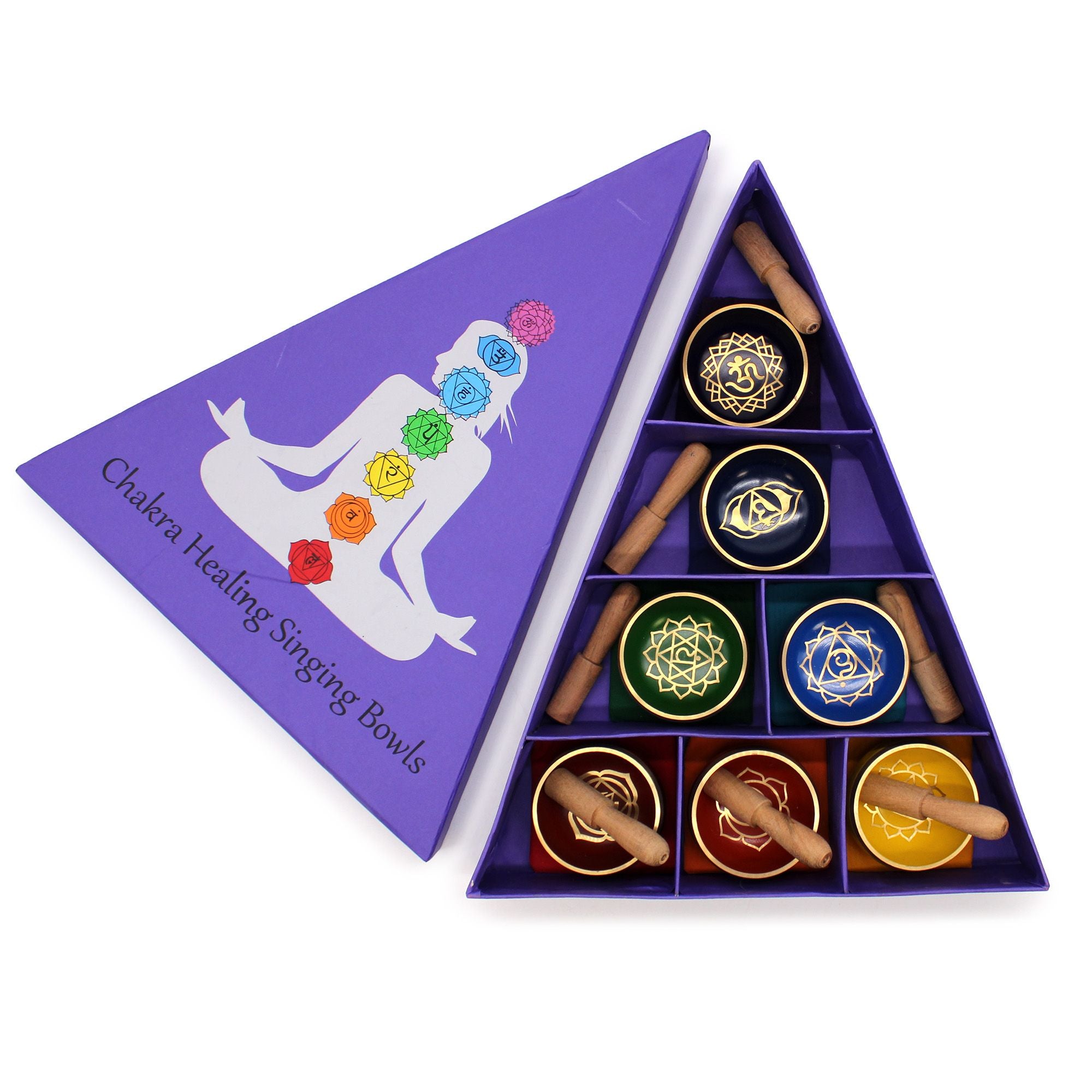 Coffret de bols chantants en laiton – Pyramide des chakras – Ensemble de 7 bols