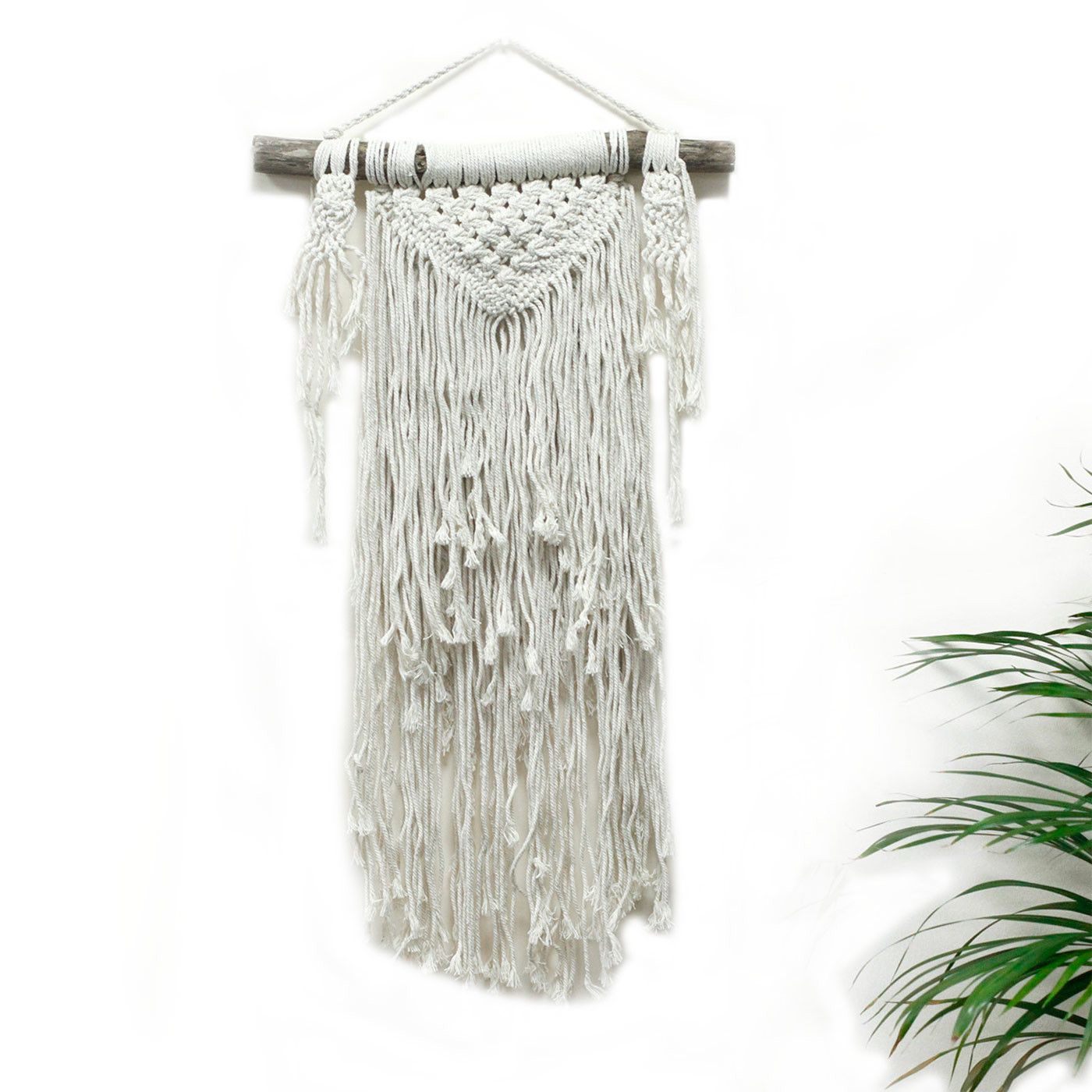 Suspension murale en macramé naturel avec franges longues en coton