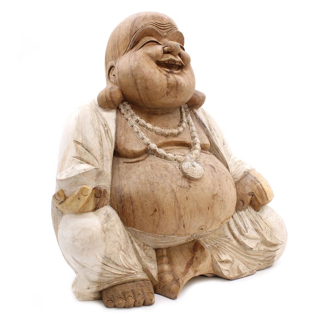 Statue de Bouddha sculptée à la main – 50 cm – Bouddha Rieur – Blanc vieilli