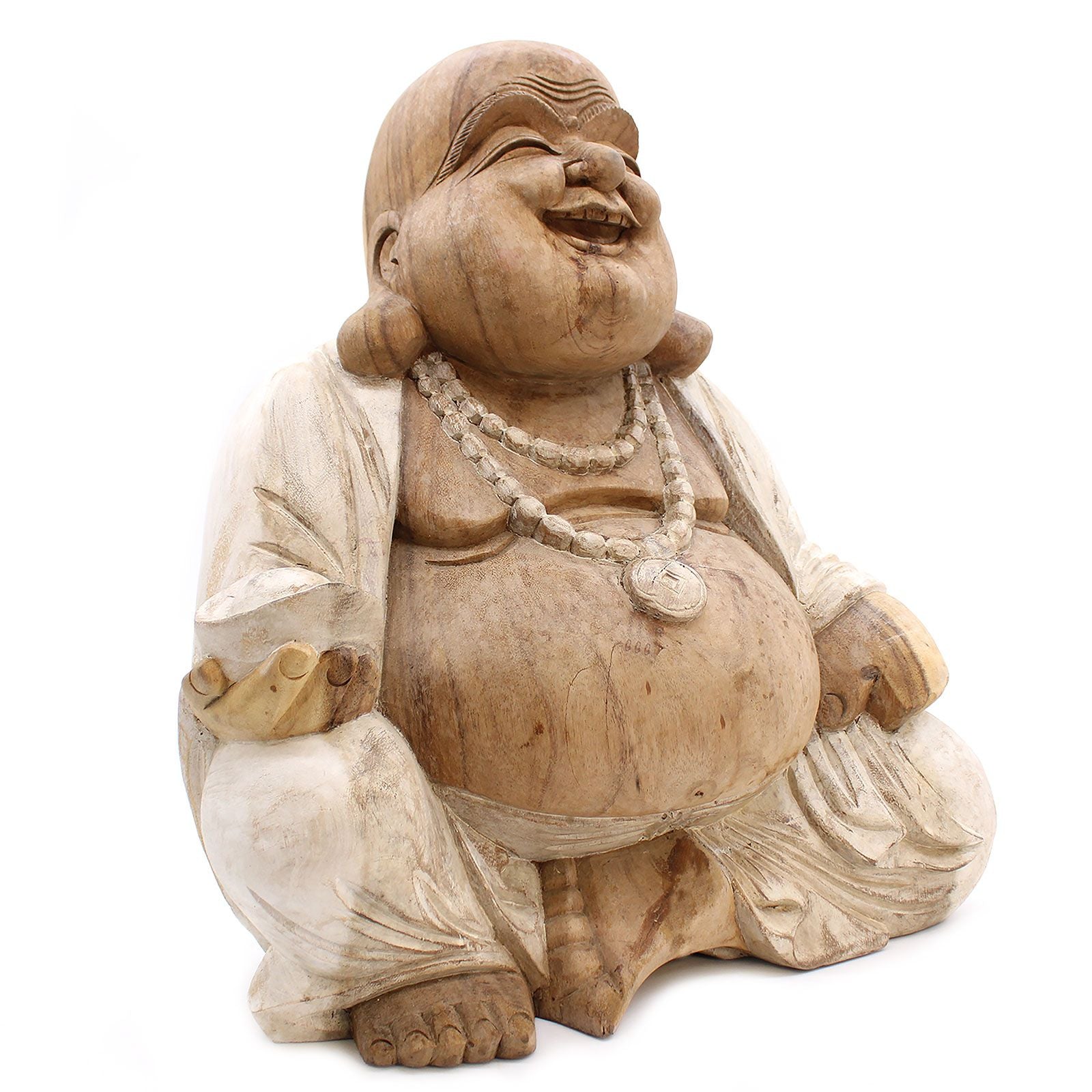 Statue de Bouddha sculptée à la main – 50 cm – Bouddha Rieur – Blanc vieilli