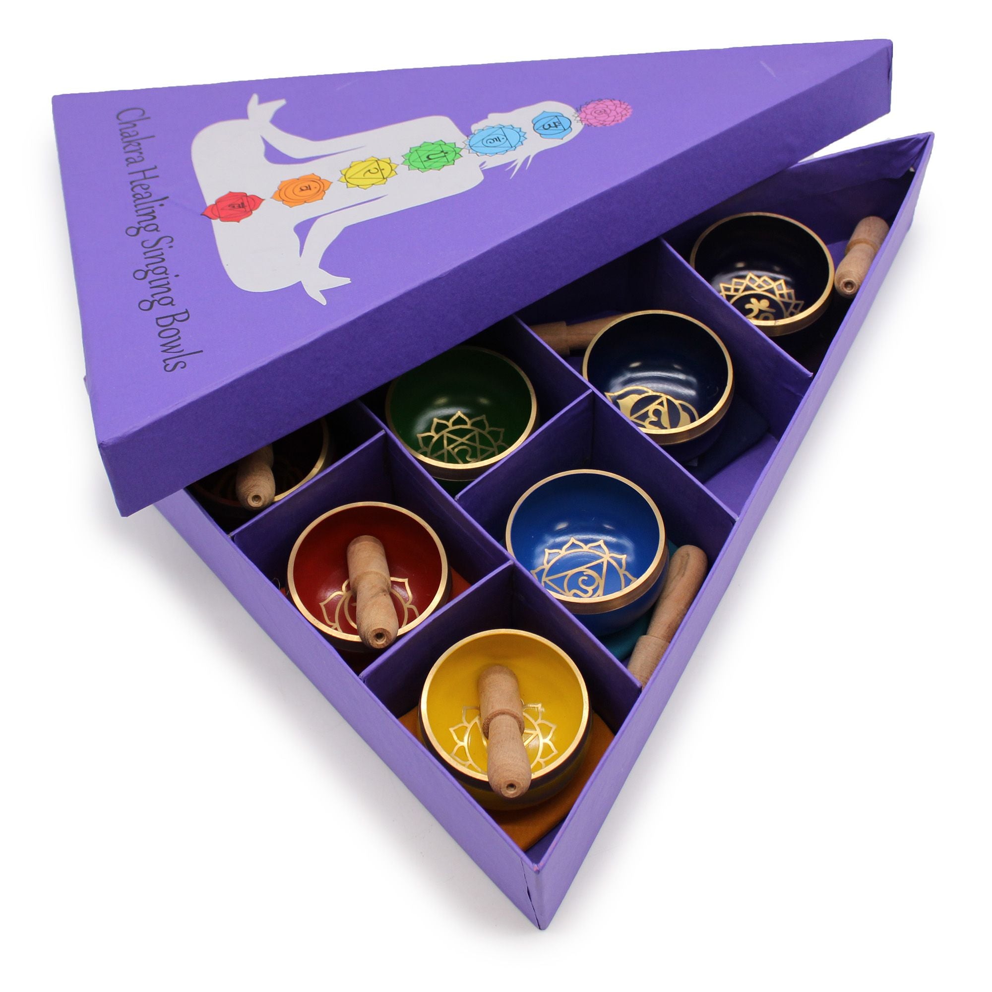 Coffret de bols chantants en laiton – Pyramide des chakras – Ensemble de 7 bols