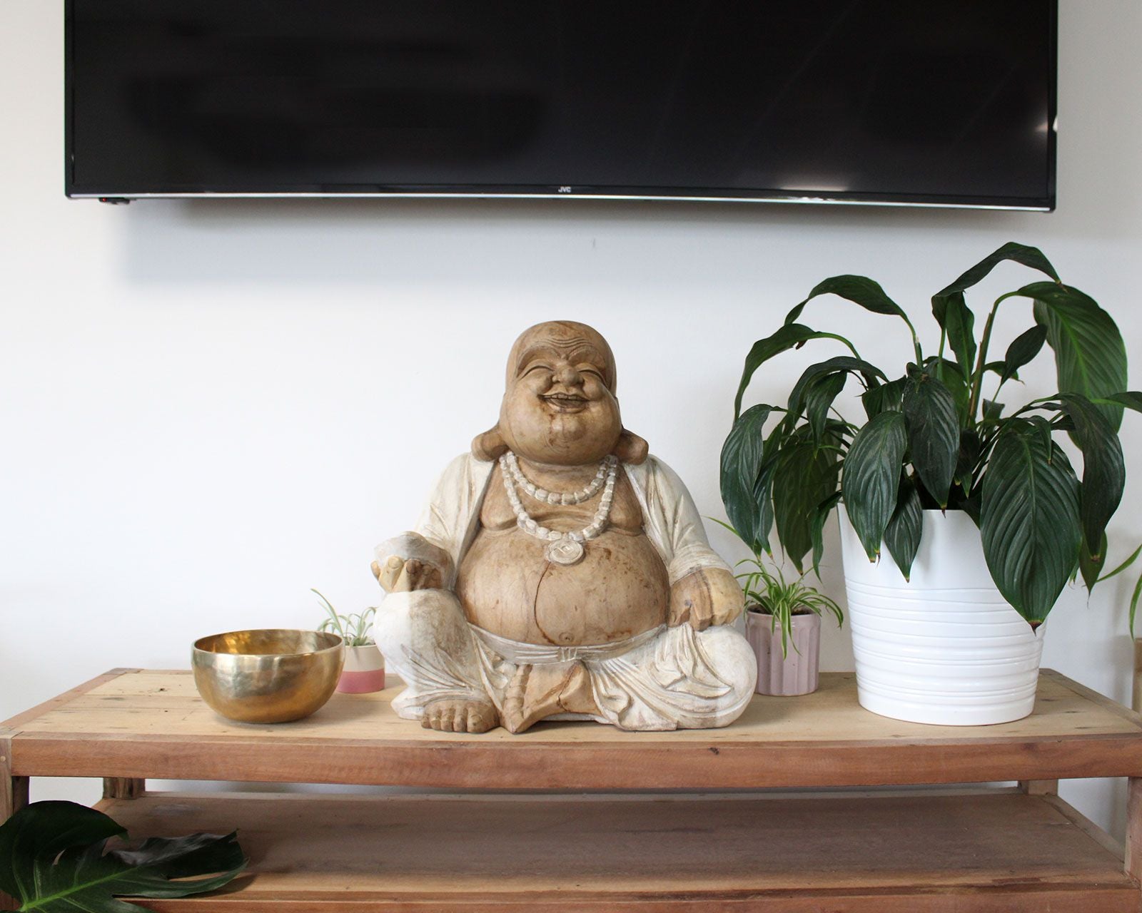 Statue de Bouddha sculptée à la main – 50 cm – Bouddha Rieur – Blanc vieilli
