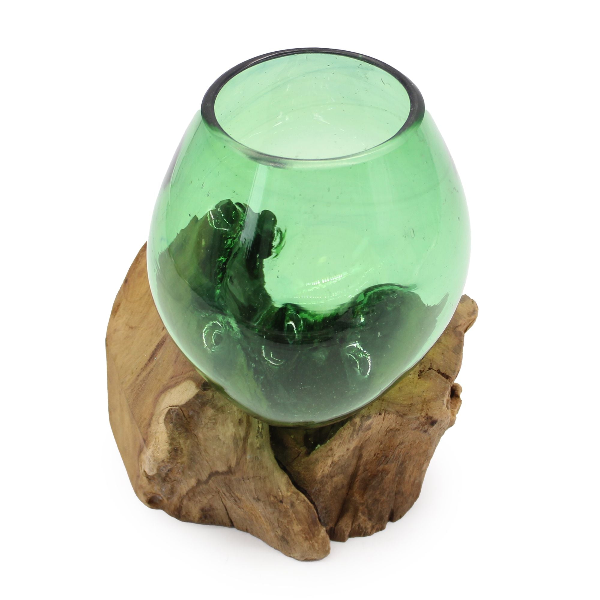 Petit Bol en Verre Recyclé sur Bois – Bouteille de Bière Recyclée – 18 cm
