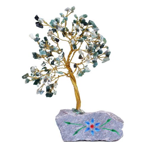 Arbre de vie en agate mousse naturelle sur socle en pierre– 160 pierres – pièce décorative artisanale