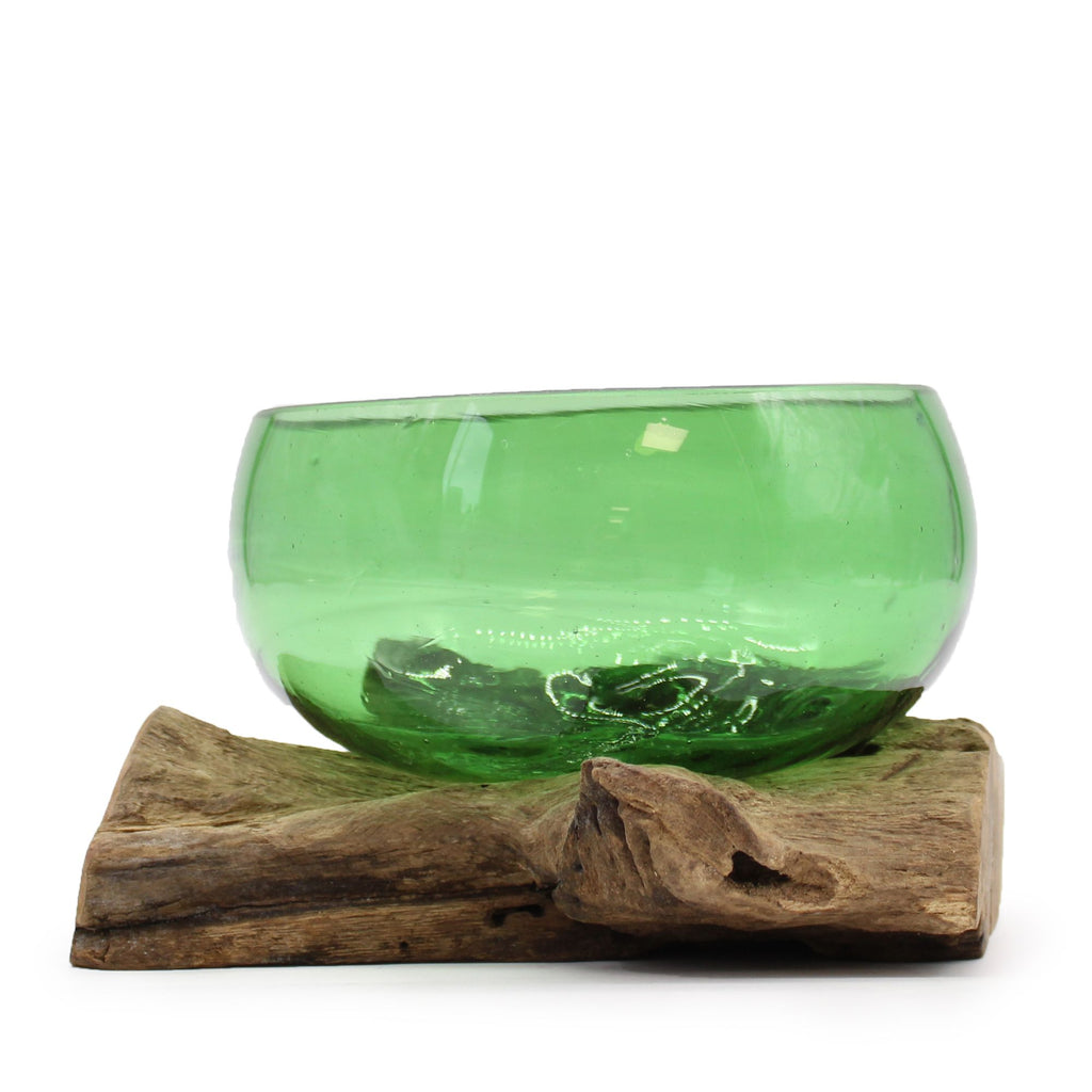 Bol en Verre Recyclé sur Bois – Bouteille de Bière Recyclée – 20 cm