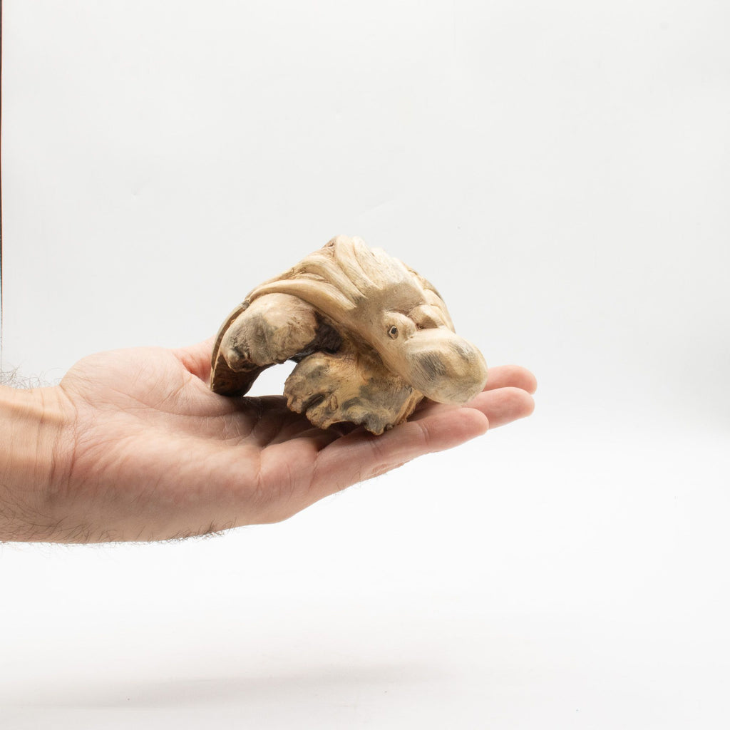 Sculpture de pieuvre en bois parasite tenue dans une main pour montrer ses dimensions