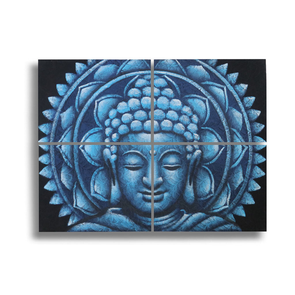 Tableau représentant un Bouddha bleu entouré d’un mandala, composé de quatre toiles de 30 × 40 cm.