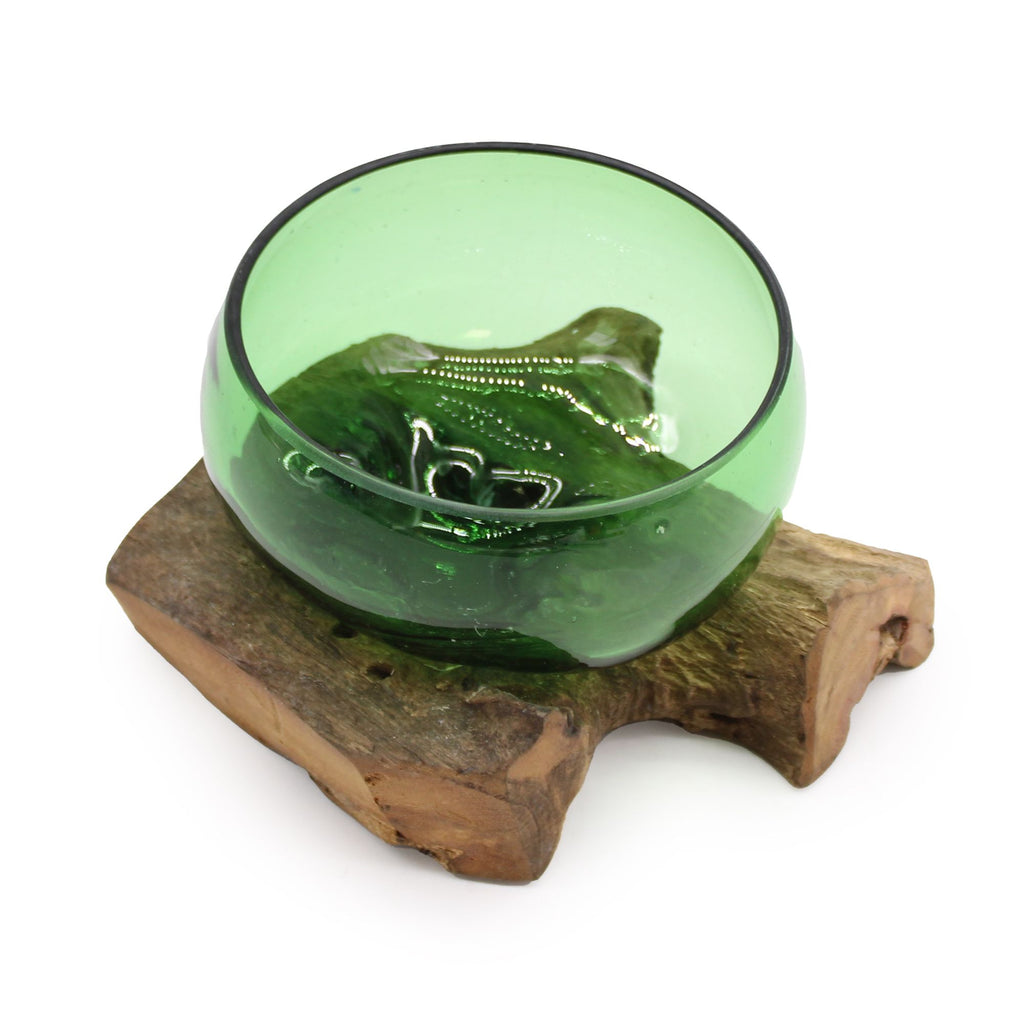 Bol en Verre Recyclé sur Bois – Bouteille de Bière Recyclée – 20 cm