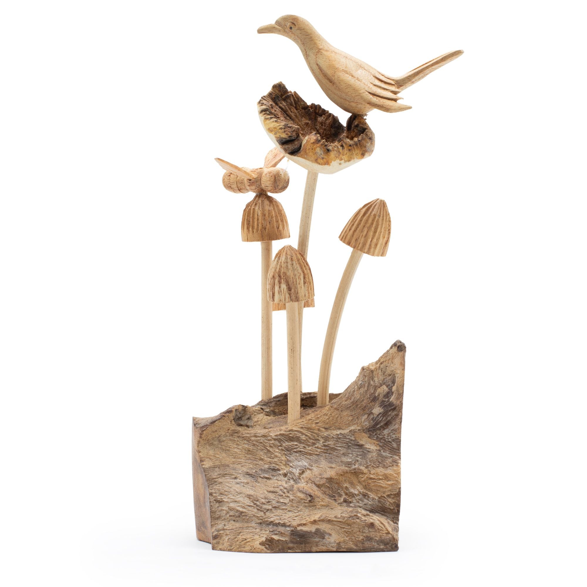 Sculpture artisanale oiseau et champignons en bois naturel