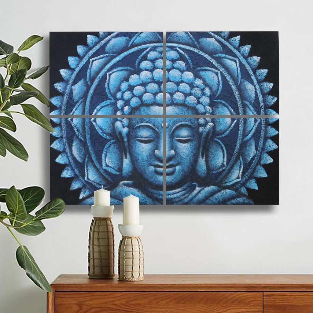 Tableau représentant un Bouddha bleu entouré d’un mandala, composé de quatre toiles de 30 × 40 cm.