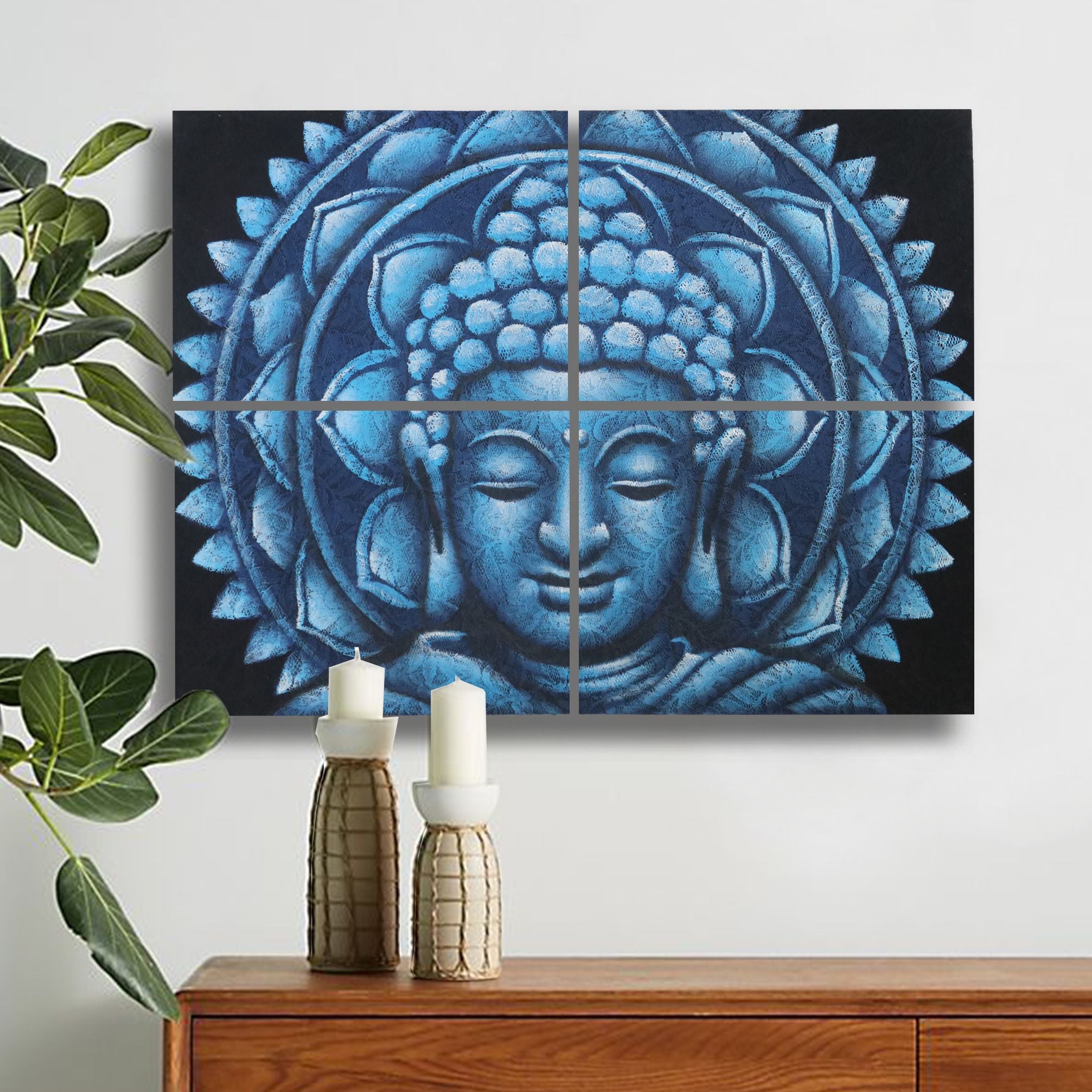 Tableau représentant un Bouddha bleu entouré d’un mandala, composé de quatre toiles de 30 × 40 cm.