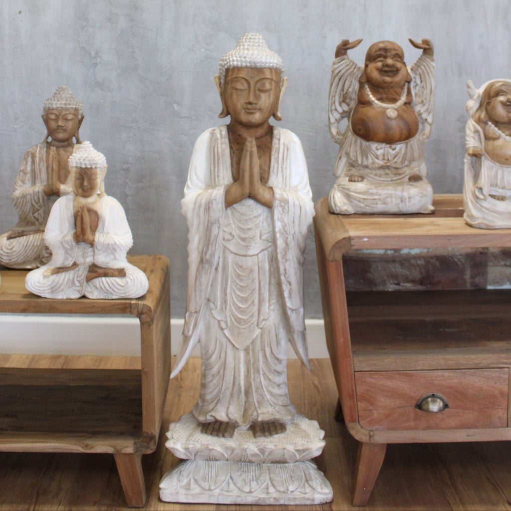 Handgeschnitzte Buddha-Statue – 100 cm – Weiß getüncht