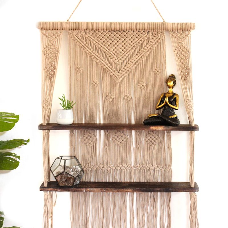Étagère Suspendue en Macramé Marron – Décoration Murale Bohème
