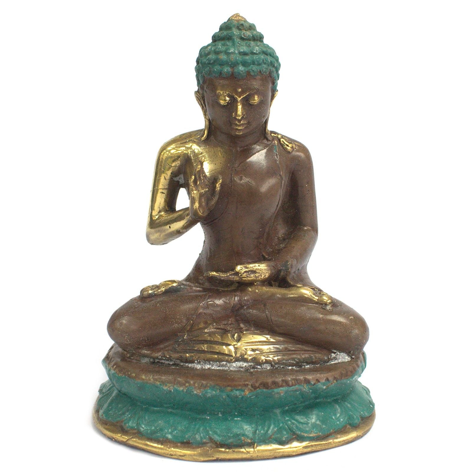 Statue de Bouddha assis en laiton – Mudra de protection (Abhaya Mudra)
