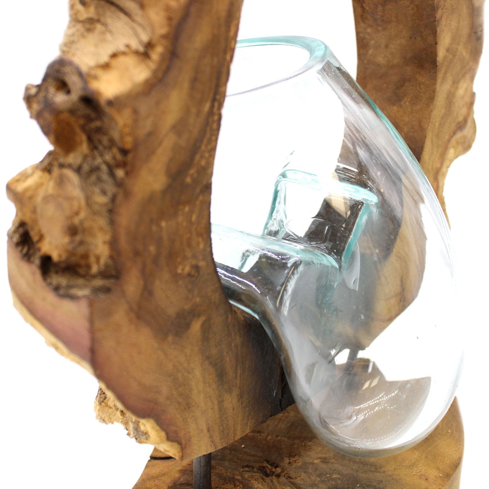 Vase Suspendu en Verre Soufflé à la Main sur Bois de Gamal – Pièce Unique Artisanale Bali