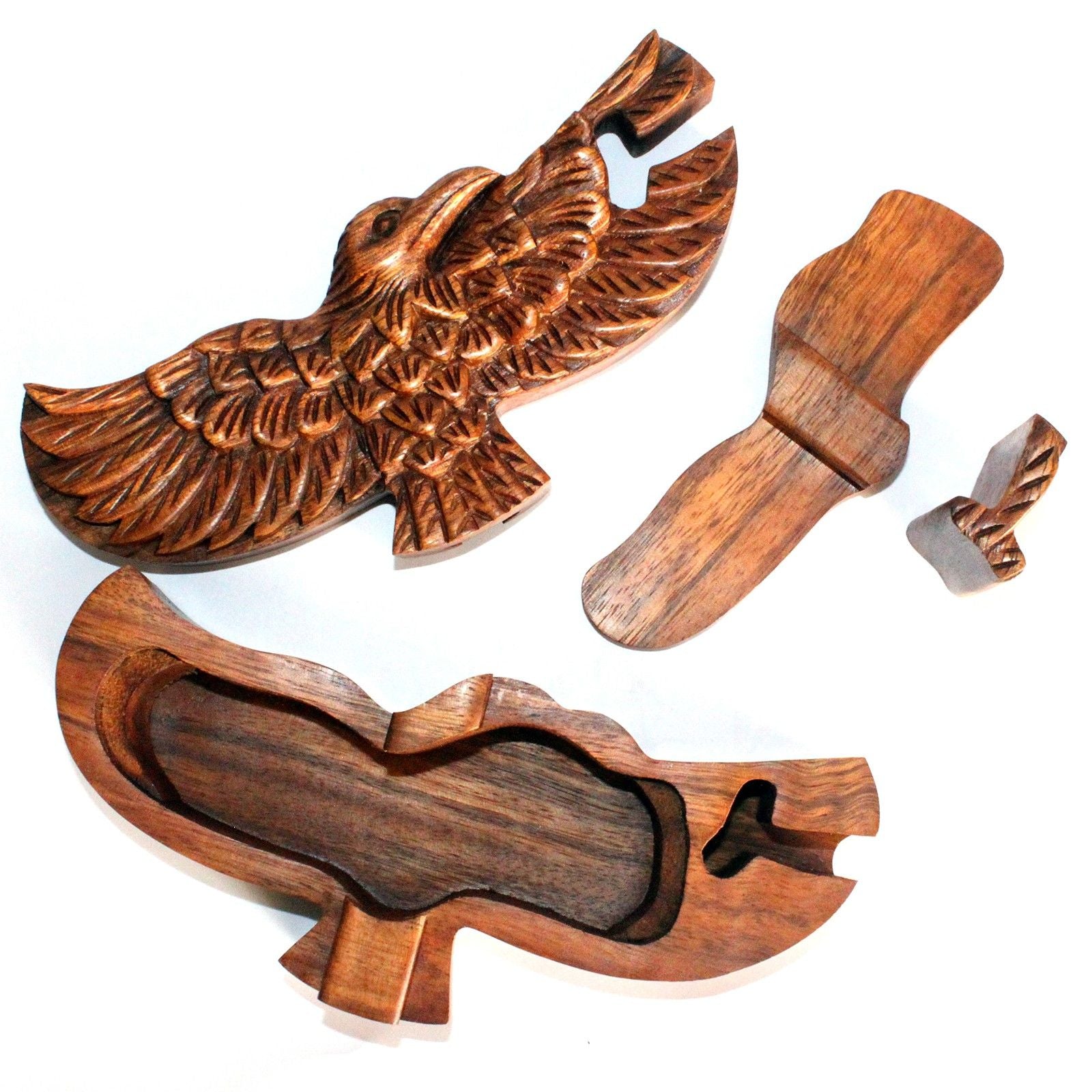 Boîte magique de Bali – Aigle déployé en bois de Saman - Karmic Artisan