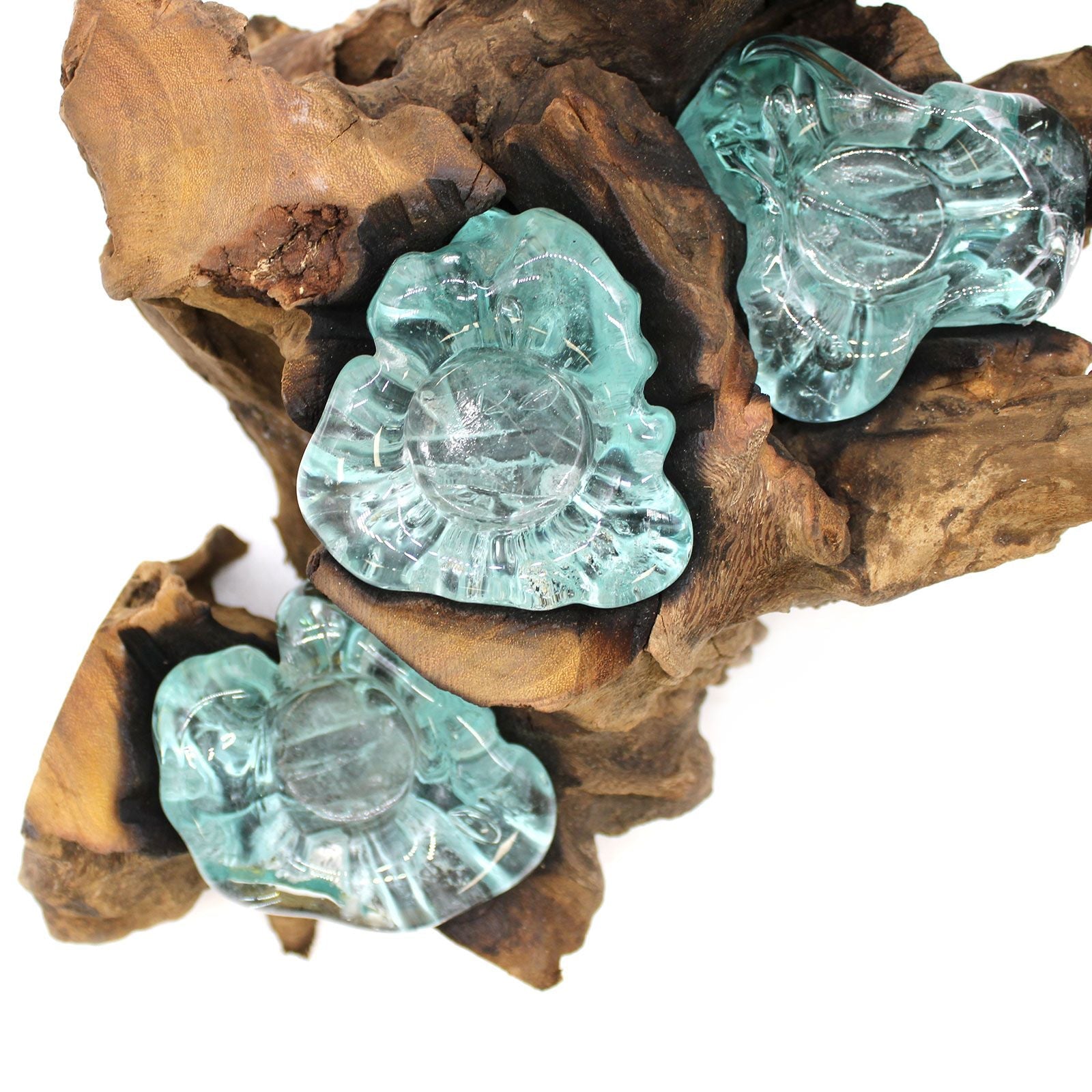 Bougeoir en Verre Fondu sur Bois de Gamal – Cinq Coupelles - Karmic Artisan