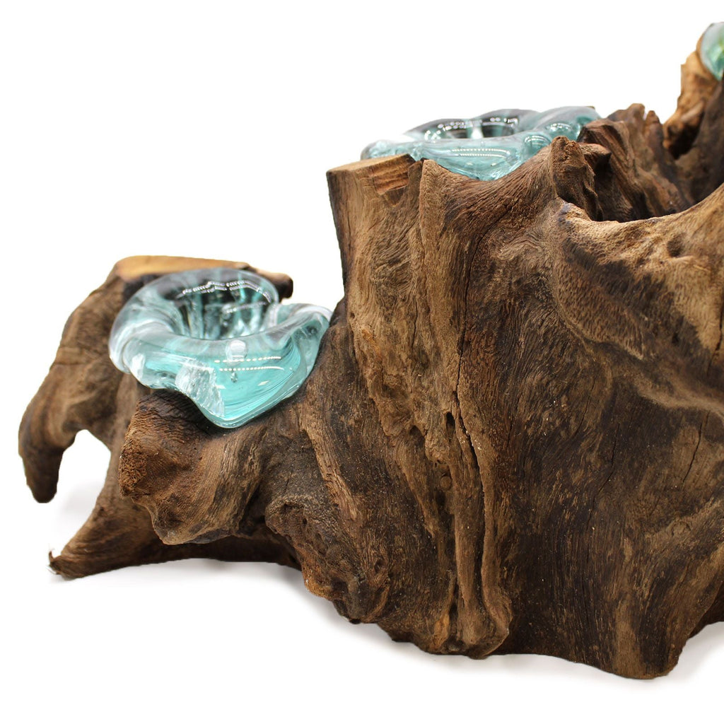 Bougeoir en Verre Fondu sur Bois de Gamal – Cinq Coupelles - Karmic Artisan