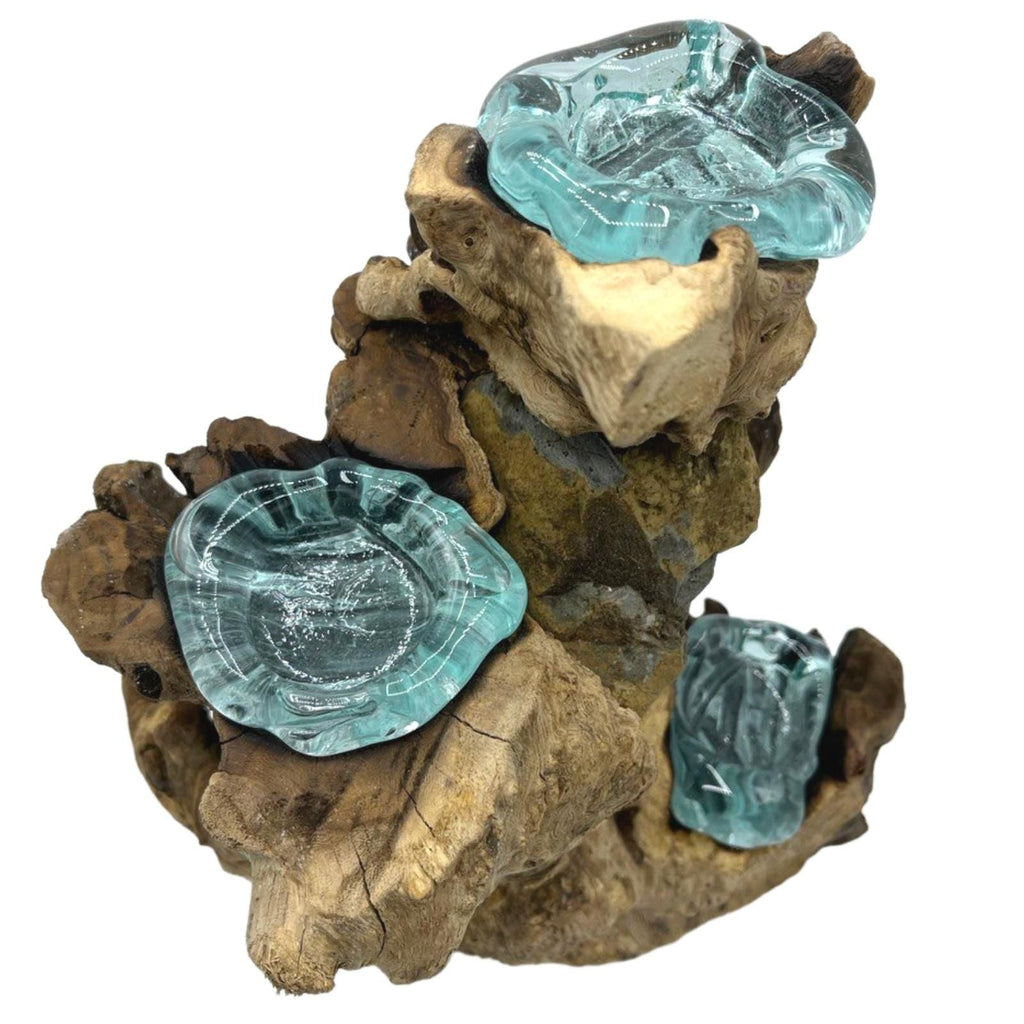 Bougeoir Triple en Verre Fondu sur Bois de Gamal - Karmic Artisan