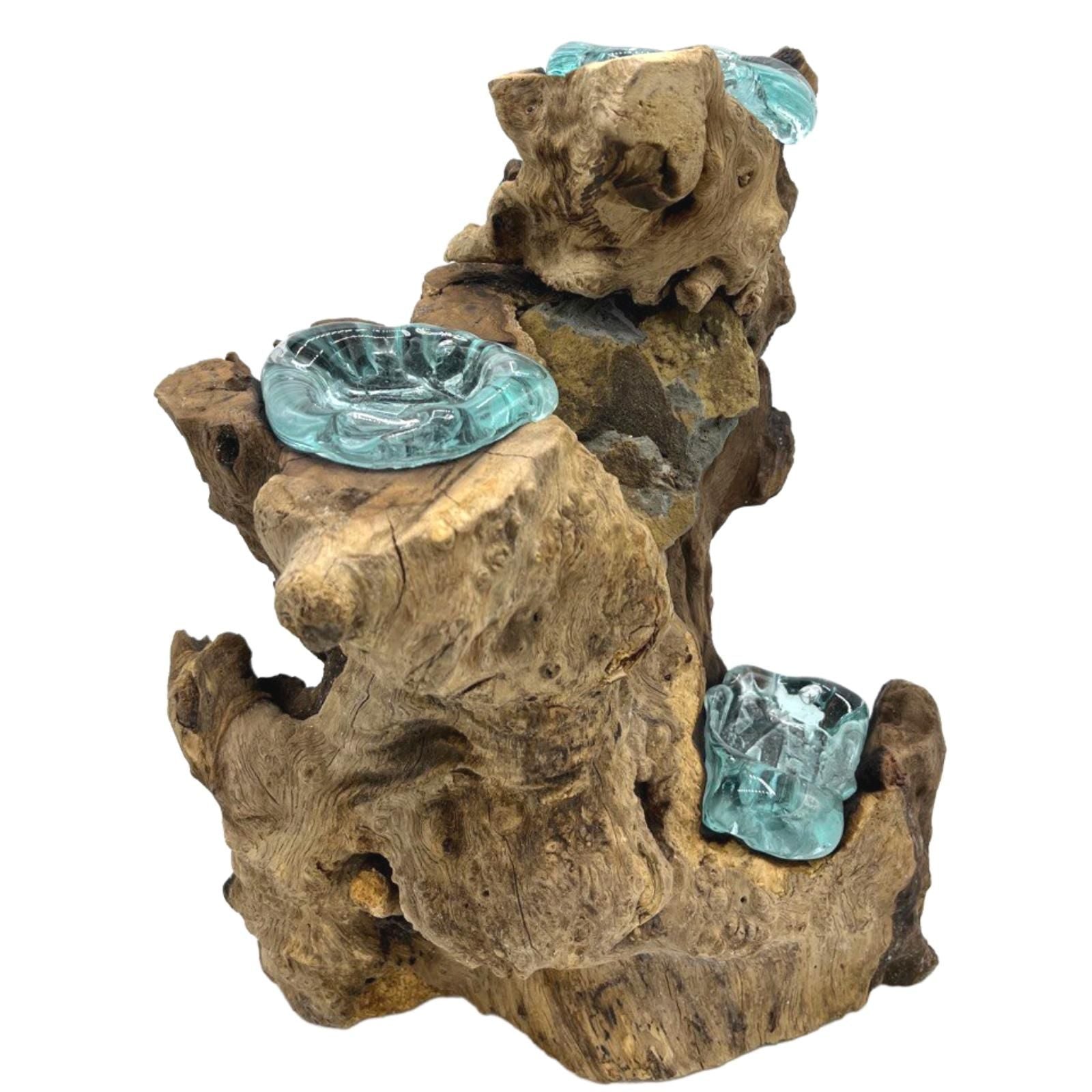 Bougeoir Triple en Verre Fondu sur Bois de Gamal - Karmic Artisan